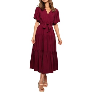 image:imageRVivimos Womens Summer Casual Short Sleeves V Neck Belted Flowy Midi DressBurgundyshortsleeve
