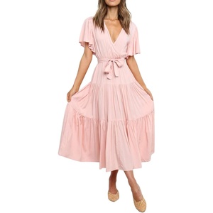 image:imageRVivimos Womens Summer Casual Short Sleeves V Neck Belted Flowy Midi DressLightpinkshortsleeve