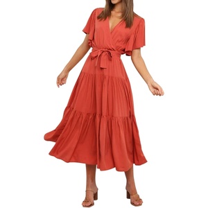 image:imageRVivimos Womens Summer Casual Short Sleeves V Neck Belted Flowy Midi DressOrangeshortsleeve