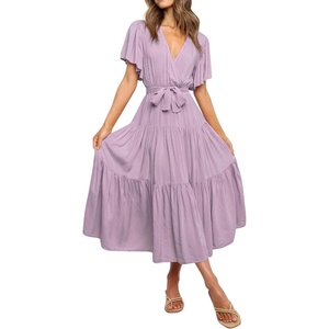 image:imageRVivimos Womens Summer Casual Short Sleeves V Neck Belted Flowy Midi DressPurpleshortsleeve