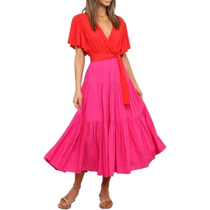 image:imageRVivimos Womens Summer Casual Short Sleeves V Neck Belted Flowy Midi DressRedhotpinkshortsleeve