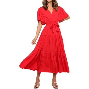 image:imageRVivimos Womens Summer Casual Short Sleeves V Neck Belted Flowy Midi DressRedshortsleeve