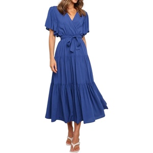 image:imageRVivimos Womens Summer Casual Short Sleeves V Neck Belted Flowy Midi DressRoyalblueshortsleeve