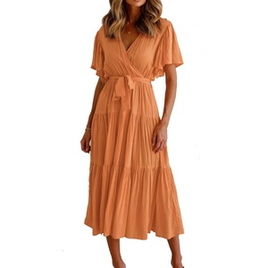 image:imageRVivimos Womens Summer Casual Short Sleeves V Neck Belted Flowy Midi DressTangerineshortsleeve