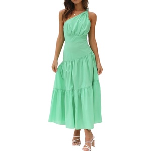 image:imageRVivimos Womens Summer Cotton Boho One Shoulder Knot Sleeveless Ruffle ALine Flowy Midi DressGreen