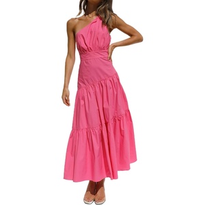 image:imageRVivimos Womens Summer Cotton Boho One Shoulder Knot Sleeveless Ruffle ALine Flowy Midi DressHotpink