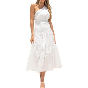 image:imageRVivimos Womens Summer Cotton Boho One Shoulder Knot Sleeveless Ruffle ALine Flowy Midi DressWhite