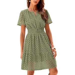 image:imageRVivimos Womens Summer Cotton Eyelet Dress 2026 Short Sleeve V Neck Elastic Waist Embroidered Hollow Out ALine Mini DressArmy Green