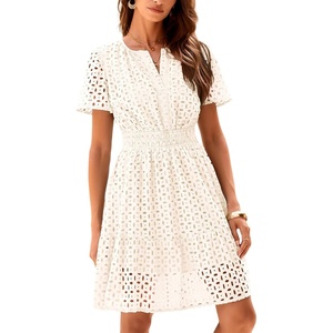 image:imageRVivimos Womens Summer Cotton Eyelet Dress 2026 Short Sleeve V Neck Elastic Waist Embroidered Hollow Out ALine Mini DressWhite