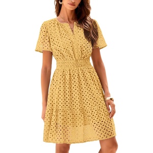 image:imageRVivimos Womens Summer Cotton Eyelet Dress 2026 Short Sleeve V Neck Elastic Waist Embroidered Hollow Out ALine Mini DressYellow