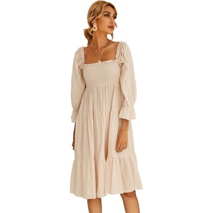 image:imageRVivimos Womens Summer Cotton Plaid Puff Sleeves Bow Casual OffShoulder Boho Midi DressBeige