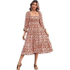 image:imageRVivimos Womens Summer Cotton Plaid Puff Sleeves Bow Casual OffShoulder Boho Midi DressOrangefloral