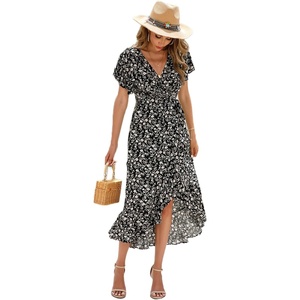 image:imageRVivimos Womens Summer Cotton Short Sleeve Irregular Dots Ruffles Wrap Flowy Midi DressBlack