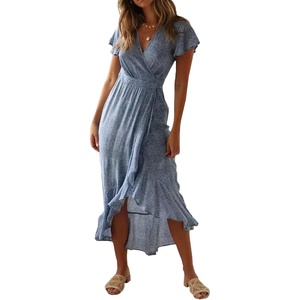 image:imageRVivimos Womens Summer Cotton Short Sleeve Irregular Dots Ruffles Wrap Flowy Midi DressBlue