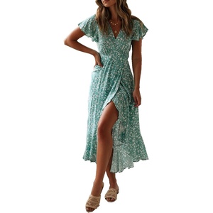 image:imageRVivimos Womens Summer Cotton Short Sleeve Irregular Dots Ruffles Wrap Flowy Midi DressGreen