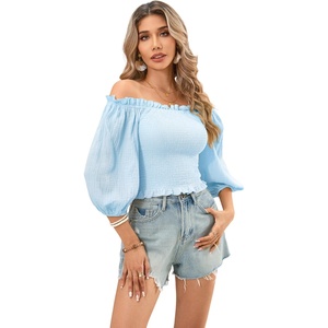 image:imageRVivimos Womens Summer Cotton Short Sleeves Off The Shoulder Crop Tops Ruffle Slim BlousesSkyblue