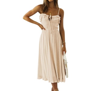 image:imageRVivimos Womens Summer Cotton Spaghetti Straps VNeck Ruffle Casual Boho Midi Flowy DressBeige