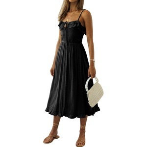 image:imageRVivimos Womens Summer Cotton Spaghetti Straps VNeck Ruffle Casual Boho Midi Flowy DressBlack