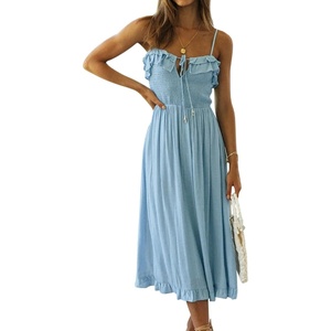 image:imageRVivimos Womens Summer Cotton Spaghetti Straps VNeck Ruffle Casual Boho Midi Flowy DressBlue