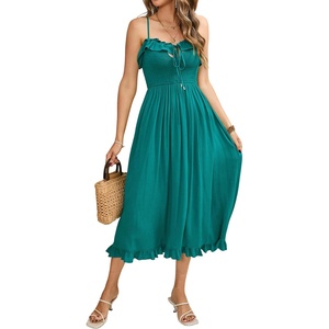 image:imageRVivimos Womens Summer Cotton Spaghetti Straps VNeck Ruffle Casual Boho Midi Flowy DressDarkgreen