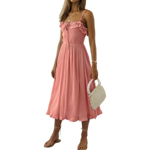 image:imageRVivimos Womens Summer Cotton Spaghetti Straps VNeck Ruffle Casual Boho Midi Flowy DressPink