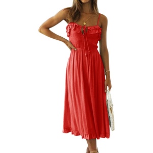 image:imageRVivimos Womens Summer Cotton Spaghetti Straps VNeck Ruffle Casual Boho Midi Flowy DressRed