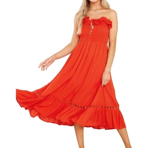 image:imageRVivimos Womens Summer Cotton Spaghetti Straps VNeck Ruffle Casual Boho Midi Flowy DressRed2
