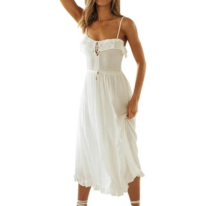 image:imageRVivimos Womens Summer Cotton Spaghetti Straps VNeck Ruffle Casual Boho Midi Flowy DressWhite
