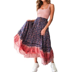image:imageRVivimos Womens Summer Cotton Vintage Floral Print Boho Casual Ruffled Flowy Maxi SkirtNavybluered