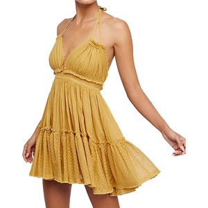 image:imageRVivimos Womens Summer Halter Deep V Neck Sexy Patchwork Mini Short DressesYellow