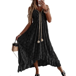 image:imageRVivimos Womens Summer Lace Sundress Adjustable Spaghetti Strap Boho Tassel Asymmetrical Hem Sexy Beach Floral Midi DressBlack