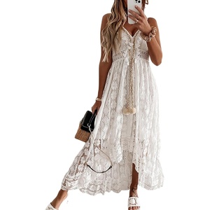 image:imageRVivimos Womens Summer Lace Sundress Adjustable Spaghetti Strap Boho Tassel Asymmetrical Hem Sexy Beach Floral Midi DressWhite