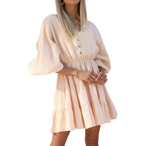 image:imageRVivimos Womens Summer Linen Puff Sleeves Casual Button Up ALine Casual Skater Mini DressesBeige
