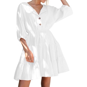image:imageRVivimos Womens Summer Linen Puff Sleeves Casual Button Up ALine Casual Skater Mini DressesWhite