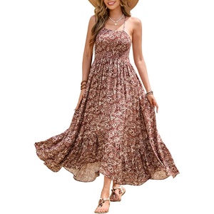 image:imageRVivimos Womens Summer Maxi Dress Spaghetti Strap Boho Floral Print Smocked Backless Casual Ruffle Flowy Long DressesWine Red