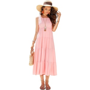 image:imageRVivimos Womens Summer Sleeveless Tank Dress Boho Casual Smocked Backless Tiered Ruffle Flowy Midi DressPink