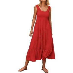 image:imageRVivimos Womens Summer Sleeveless Tank Dress Boho Casual Smocked Backless Tiered Ruffle Flowy Midi DressRed