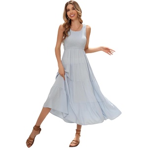 image:imageRVivimos Womens Summer Sleeveless Tank Dress Boho Casual Smocked Backless Tiered Ruffle Flowy Midi DressSkyblue
