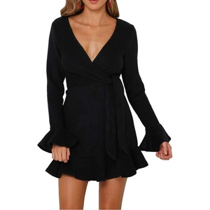 image:imageRVivimos Womens Winter Long Sleeve V Neck Ruffles Sweater Dresses Mini DressesBlack