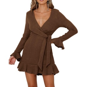 image:imageRVivimos Womens Winter Long Sleeve V Neck Ruffles Sweater Dresses Mini DressesCaramel