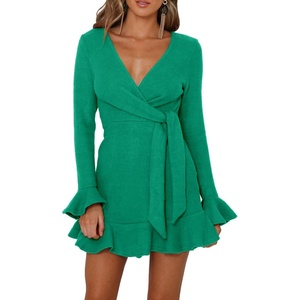 image:imageRVivimos Womens Winter Long Sleeve V Neck Ruffles Sweater Dresses Mini DressesGreen
