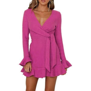 image:imageRVivimos Womens Winter Long Sleeve V Neck Ruffles Sweater Dresses Mini DressesHotpink