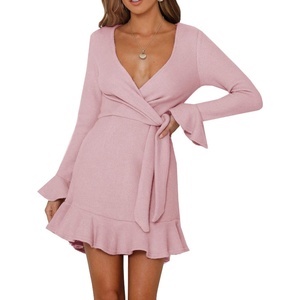 image:imageRVivimos Womens Winter Long Sleeve V Neck Ruffles Sweater Dresses Mini DressesPink