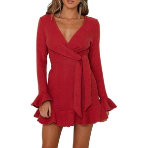 image:imageRVivimos Womens Winter Long Sleeve V Neck Ruffles Sweater Dresses Mini DressesRed