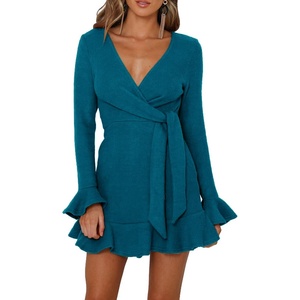 image:imageRVivimos Womens Winter Long Sleeve V Neck Ruffles Sweater Dresses Mini DressesTeal