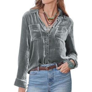 image:imageRVivimos Womens Winter Velvet Long Sleeve Button Down Casual Tops ShirtsDark Gray2
