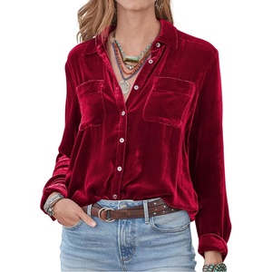 image:imageRVivimos Womens Winter Velvet Long Sleeve Button Down Casual Tops ShirtsDark Red2