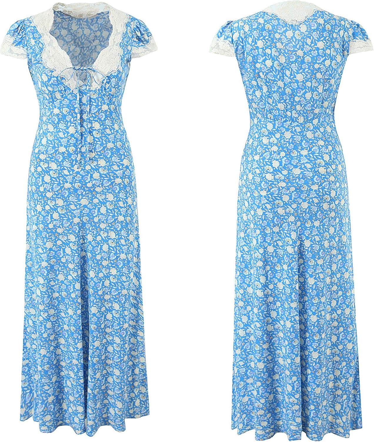 image:imageRVivimos Womens Summer 2026 Maxi Sundress Short Sleeve V Neck Retro Cottagecore Slim Casual Polka Dots Long DressSky Blue