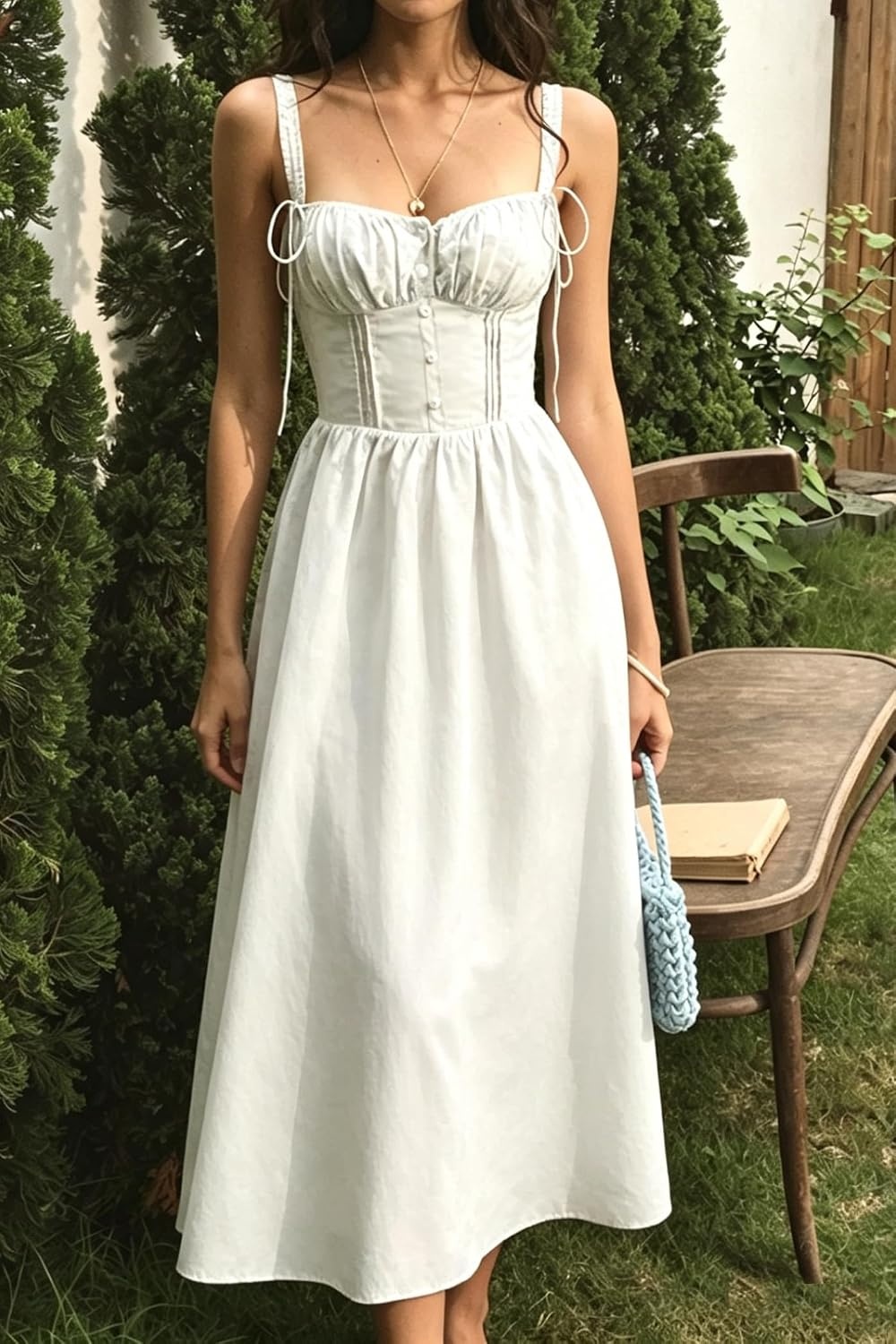 image:imageRVivimos Womens Summer Midi Milkmaid Dress Sleeveless Square Neck Button Up Cottagecore ALine Flowy Long Sun DressWhite