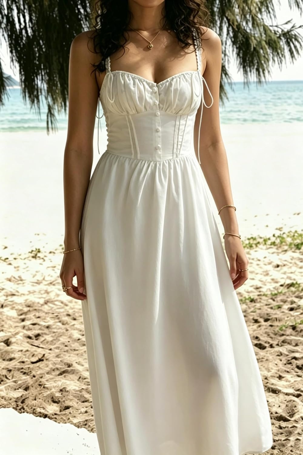 image:imageRVivimos Womens Summer Midi Milkmaid Dress Sleeveless Square Neck Button Up Cottagecore ALine Flowy Long Sun DressWhite